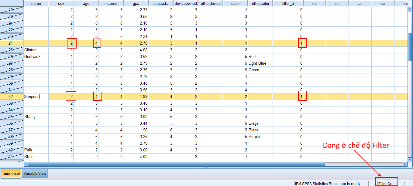 Dữ liệu sau khi lọc theo nhiều điều kiện kết hợp Kết quả lọc với điều kiện phức tạp trong SPSS