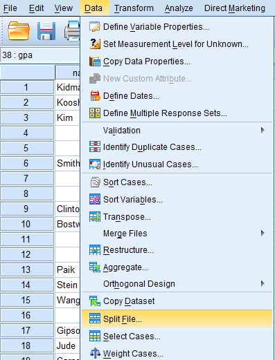 Hướng dẫn truy cập công cụ tách dữ liệu Split File Giao diện menu Data - Split File trong SPSS