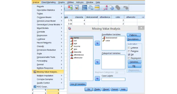 Giao diện Missing Values Analysis với tùy chọn EM test