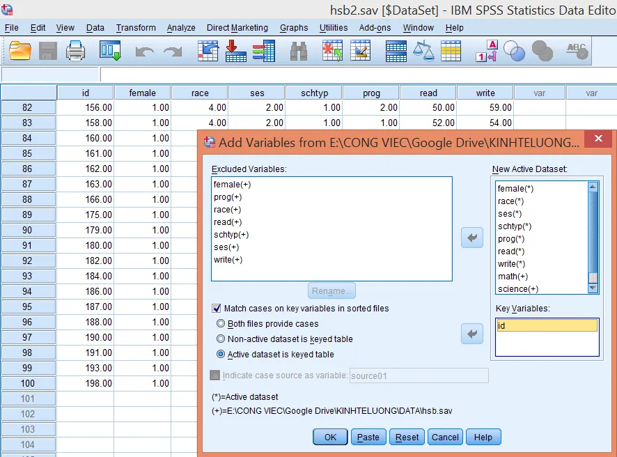 Giao diện chọn Active dataset is keyed table
