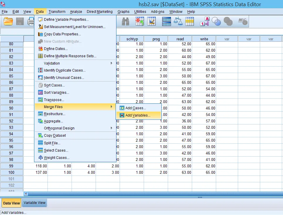 Giao diện chọn Add Variables từ menu Data - Merge Files
