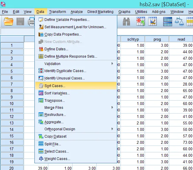 Giao diện chọn Sort Cases từ menu Data