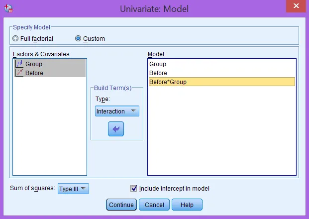 Thiết lập mô hình tùy chỉnh để kiểm tra tương tác Cửa sổ Model với Custom model bao gồm Group, Before và Group*Before