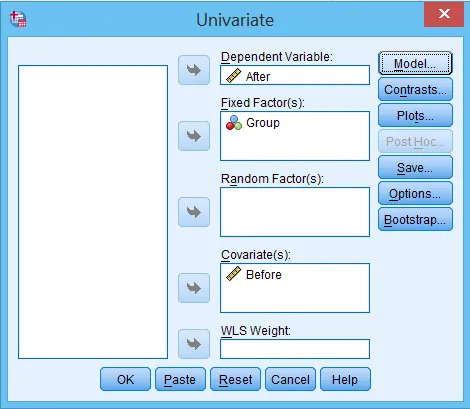 Giao diện thiết lập biến cho phân tích hiệp phương sai Cửa sổ Univariate với biến After, Group và Before được thiết lập