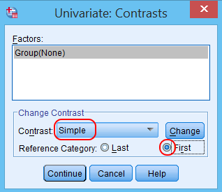 Cửa sổ Univariate Contrasts với thiết lập Simple và First