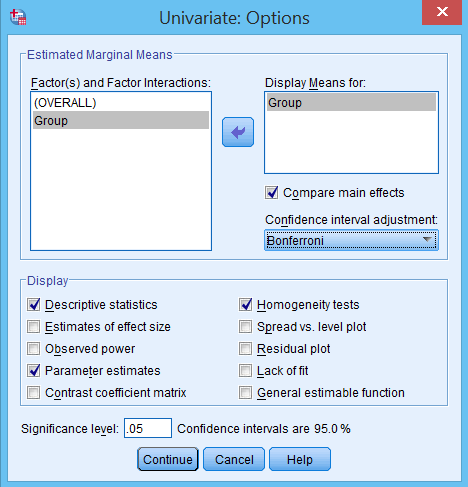 Cửa sổ Options với các tùy chọn thống kê mô tả và kiểm định được chọn