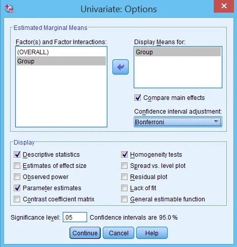 Cấu hình tùy chọn hiển thị cho phân tích hiệp phương sai Cửa sổ Options với các tùy chọn thống kê mô tả và kiểm định được chọn