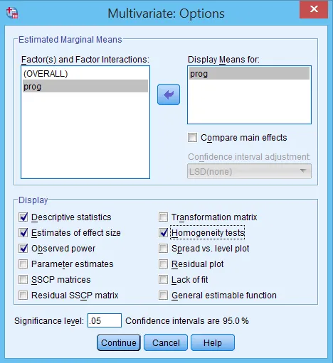 Thiết lập Options trong MANOVA - One-way MANOVA