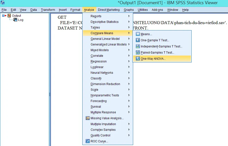 Menu Analyze - Compare Means - One-Way ANOVA trong SPSS