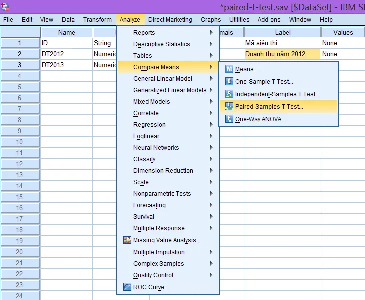 Giao diện menu Analyze - Compare Means - Paired-Samples T Test trong SPSS