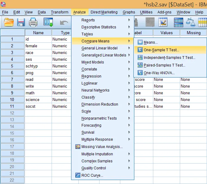 Giao diện menu Analyze - Compare Means - One-Sample T Test trong SPSS