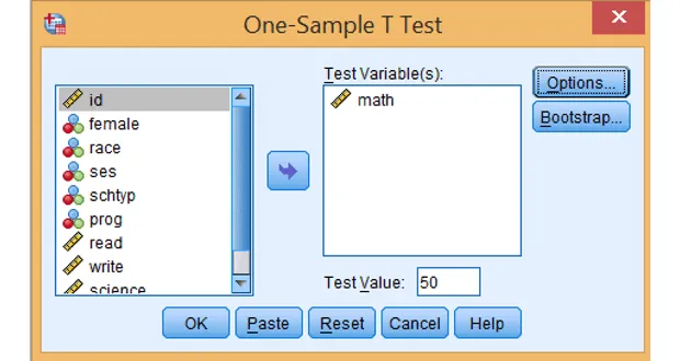 Cửa sổ One-Sample T Test với cấu hình biến math và test value 50 trong SPSS