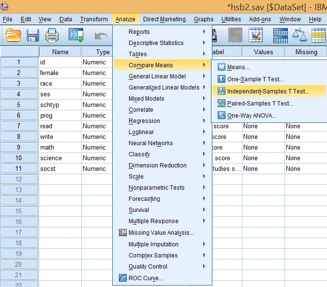 Menu Analyze - Compare Means - Independent-Samples T Test trong SPSS