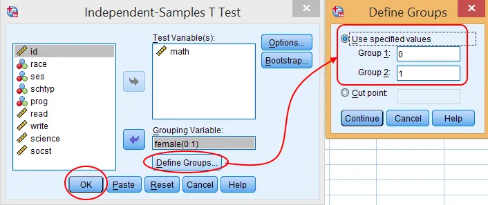 Cửa sổ Define Groups trong SPSS cho kiểm định t-test