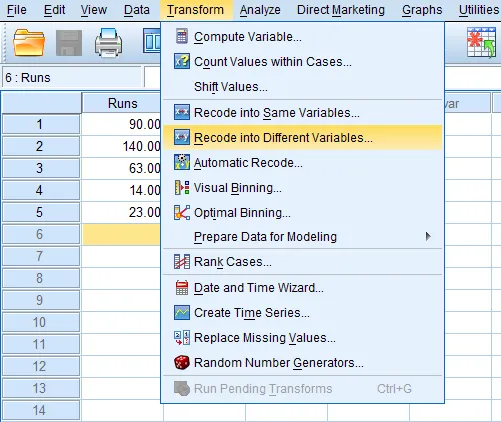 Menu Transform với tùy chọn Recode Into Different Variables