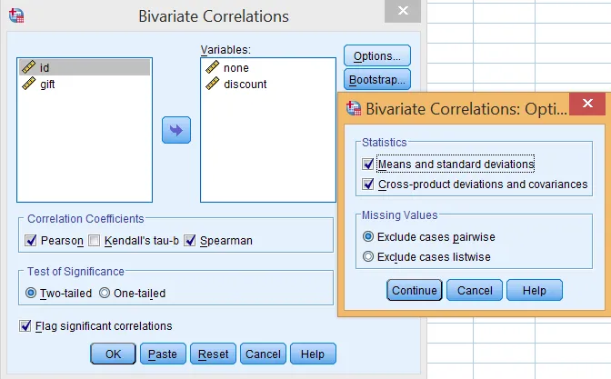 Cửa sổ thiết lập Bivariate Correlations trong SPSS
